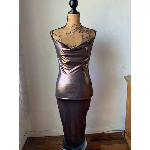Lac Bleu Dresses & Skirts - Lac Bleu Bronze Metallic Mini  Cocktail Dress Spaghetti Strap Stretch MEDIUM EUC